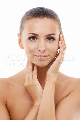 Buy stock photo Portrait of woman, touching or skincare for wellness in studio with cosmetics, aesthetic or healthy glow. Facial dermatology, confident lady or model with pride or beauty results on white background 
