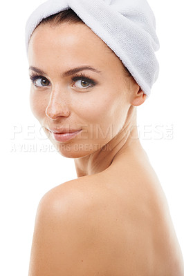 Buy stock photo Portrait of woman, towel or beauty for wellness in studio with cosmetics, aesthetic or natural glow. Facial dermatology, detox or confident model with pride or skincare results on white background 