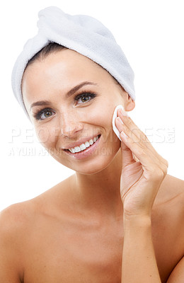 Buy stock photo Beauty, portrait or happy woman in studio with cotton pad on face, towel or makeup cleaning product. Dermatology, remove or skincare for model with smile, toner or facial glow on white background