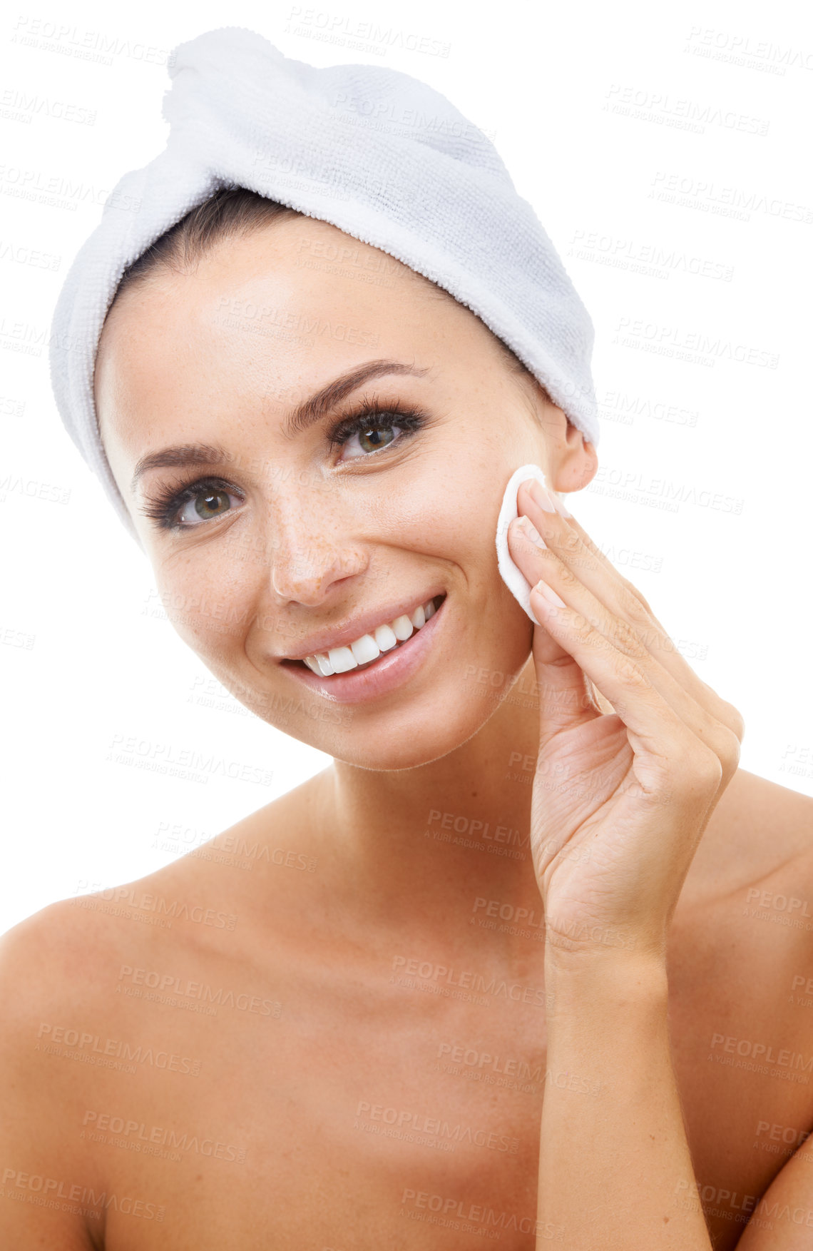 Buy stock photo Beauty, portrait or happy woman in studio with cotton pad on face, towel or makeup cleaning product. Dermatology, remove or skincare for model with smile, toner or facial glow on white background