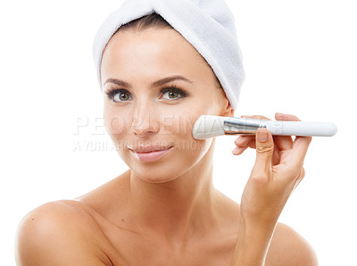 Buy stock photo Makeup brush, portrait or woman with foundation in studio for beauty or wellness on white background. Makeover, glamour or model isolated with cosmetics powder, skincare or product for application 
