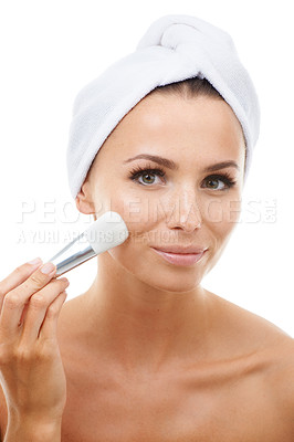 Buy stock photo Makeup brush, portrait or model with foundation in studio for beauty or wellness on white background. Makeover, glamour or woman isolated with cosmetics powder, skincare or product for application 