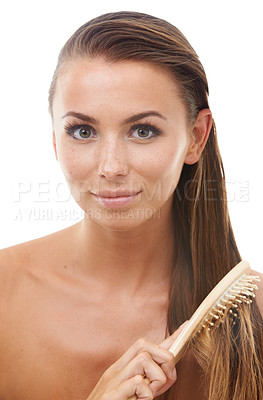 Buy stock photo Hair care, brush and portrait of woman in a studio for natural, health and natural treatment. Beauty, wellness and young female person from Canada comb for hairstyle isolated by white background.