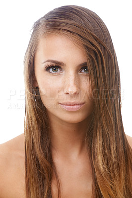 Buy stock photo Beautiful young woman isolated against a white background