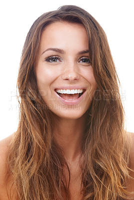 Buy stock photo Beautiful young woman smiling and laughing while isolated against a white background