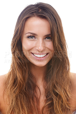 Buy stock photo Beautiful young woman smiling while isolated against a white background