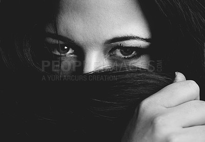 Buy stock photo Woman, beauty and hiding by hair in portrait, cosmetics and  monochrome aesthetic by dark background. Female model person, face and luxury shampoo or haircare in studio, mysterious and backdrop