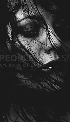 Buy stock photo Cropped black and white image of a gorgeous young woman with hair in her face