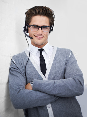 Buy stock photo Business man, call center and headphones in portrait, smile and microphone by wall background. Telemarketing employee, worker or person with mic, pride and contact us with voip for technical support