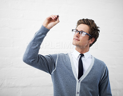 Buy stock photo Business man, pen and writing with space, air and vision for ideas, brainstorming or planning by wall background. Entrepreneur, person or employee with notes, strategy or creative for problem solving