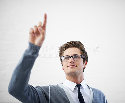 Buy stock photo Technician, man and pointing with hand, worker and professional in corporate clothes, fashion or fingers. Working, young and person with gesture, career or geek with glasses, nerd or businessman