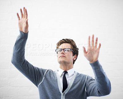 Buy stock photo Man, designer and invisible screen with planning, idea and vision with hands, and worker touch. Face, contemplating and young person with gesture, career or geek with glasses, for creative design 