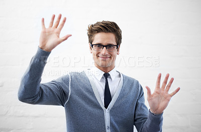 Buy stock photo Man, touchscreen and thinking with virtual reality, idea and vision with hands, touch and worker. Face, contemplating and young person with gesture, career or geek with glasses, nerd or businessman