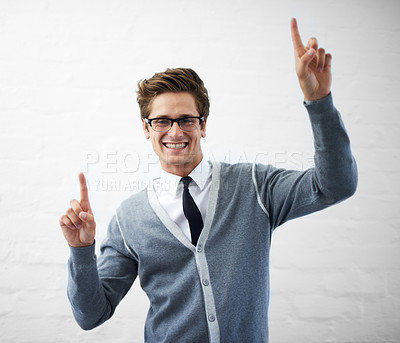 Buy stock photo Man, happiness and pointing with hand, worker and professional in corporate clothes, fashion or fingers. Working, young and person with gesture, career or geek with glasses, nerd or businessman