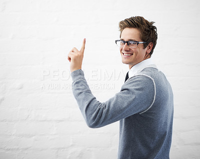 Buy stock photo Smiling, man and idea with hand, worker and professional for corporate brainstorming at lawyer job. Working, young and person with gesture for attorney or legal question on a white background 
