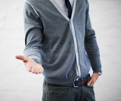 Buy stock photo Person, hand and businessman in fashion, offering and ready for handshake, professional and employee. Product placement, marketing geek and choice for agreement, manager and onboarding workers