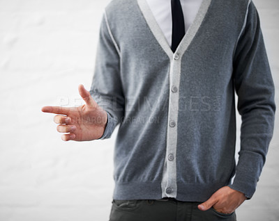 Buy stock photo Person, hand and businessman in fashion, loser emoji and sign for mistake, professional and employee. Product placement, marketing geek and pointing as manager and closeup of man in corporate wear