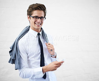 Buy stock photo Businessman, cellphone and smiling for networking, communication and corporate clothes. Mobile, professional and happiness for business conversation, consulting and financial chartered accountant