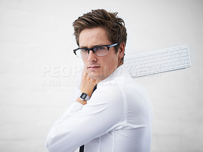 Buy stock photo Man, angry and hitting with keyboard, boss and portrait to employee for work, report or job. Frustrated, employer and furious on white background, problem or failure with bad news, stress or risk
