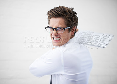 Buy stock photo Man, angry and hitting with keyboard, boss and portrait to employee for work, report or job. Frustrated, employer and furious on white background, problem or failure with bad news, stress or risk
