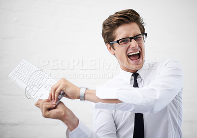 Buy stock photo Man, angry and shouting with keyboard, boss and portrait to employee for work, report or job. Frustrated, employer and furious on white background, problem or failure with bad news, stress or risk
