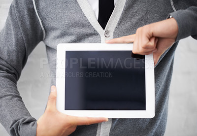 Buy stock photo Business person, hands and tablet with blank screen, space and mockup with presentation by wall background. Closeup, digital touchscreen and show with ux, display or empty dashboard for application