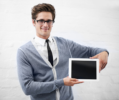 Buy stock photo Business man, tablet and screen with space, mockup and happy with presentation by wall background. Entrepreneur, digital touchscreen and promotion with ui, iot and blank for information technology