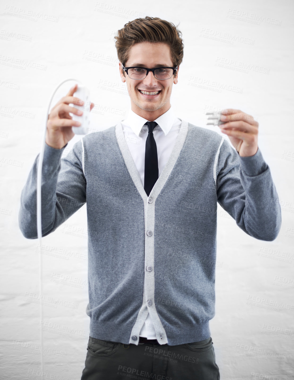 Buy stock photo Person, cable plug and businessman in fashion, smiling and happy for connection, professional and employee.
Technician, technical geek and ready as manager, electricity and energy extenstion