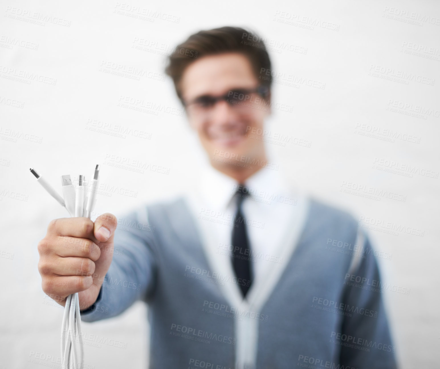 Buy stock photo Man, cables and businessman in fashion, smiling and happy for connection, professional and employee.
Technician, technical geek and electrician as manager and stylish man in corporate outfit
