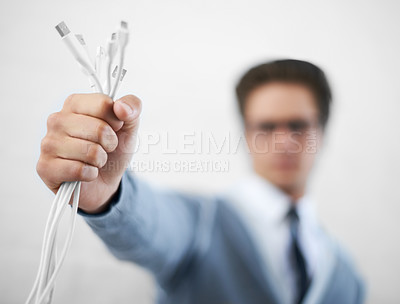 Buy stock photo Man, cables plug and businessman in fashion, hand and electrician for connection, professional and employee.
Technician, technical geek and electronics as manager and stylish man in corporate wear
