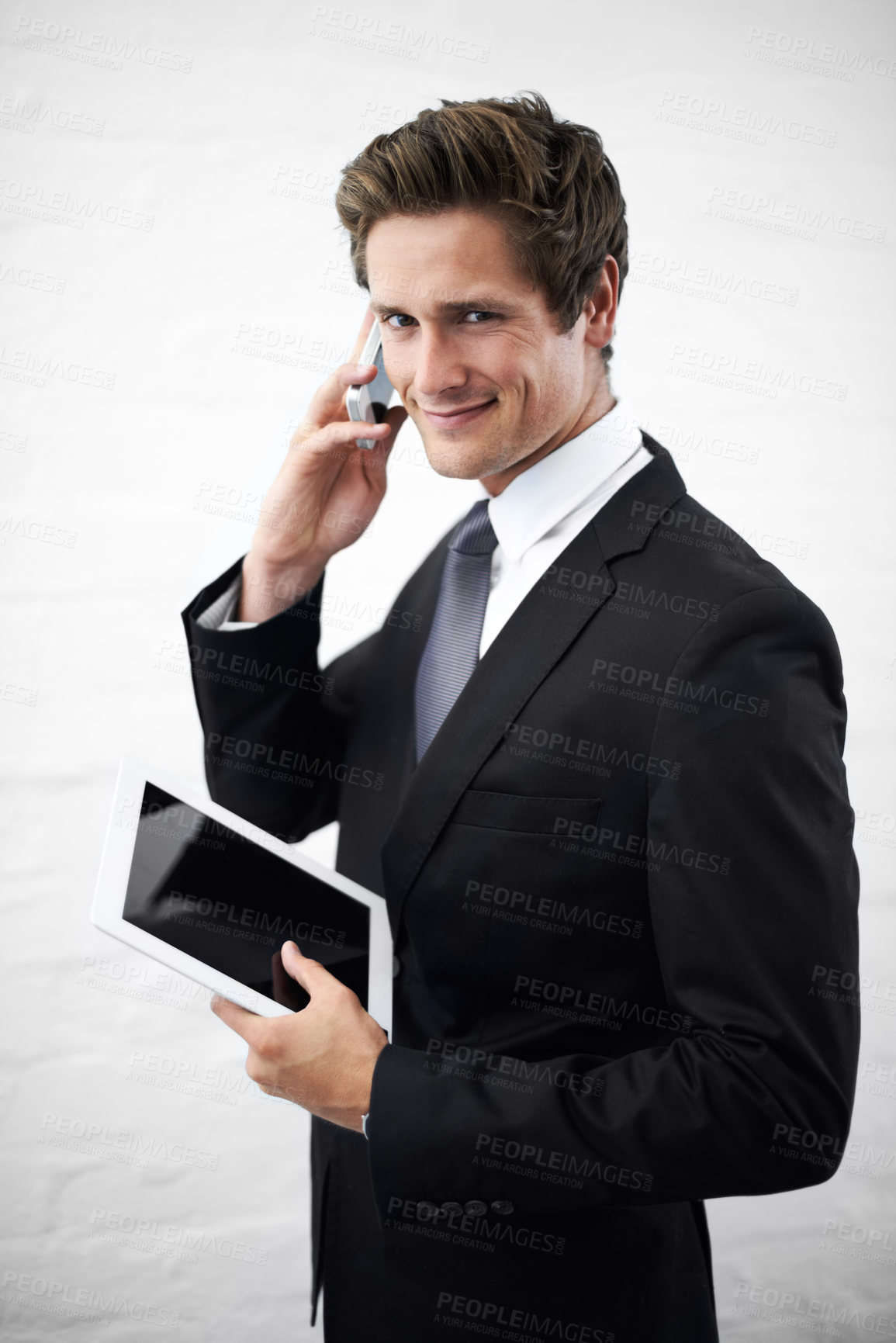 Buy stock photo Business man, phone call and happy with tablet, portrait or contact for networking by wall background. Entrepreneur, employee or person with digital touchscreen, smartphone and smile for notification