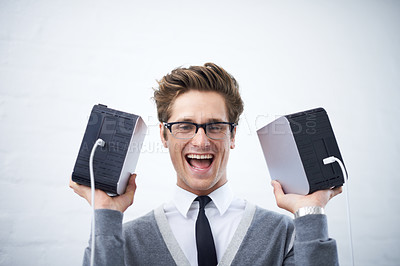 Buy stock photo Man, happy and hard drives for storage space, geek and cables for computer, face and young. Technician, excited and laughing with corporate clothes, fashionable and glasses for technology computing