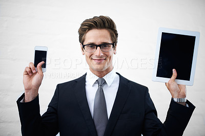 Buy stock photo Business man, tablet and phone screen with smile, portrait and mock up space for promotion by wall background. Entrepreneur, person and happy employee with blank smartphone, touchscreen or ux for app