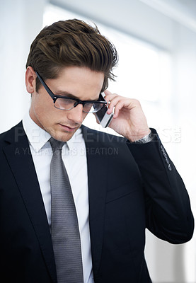 Buy stock photo Man, networking and office with phone call for job, employee and working on business proposal. Discussion, agree and person for occupation, workplace and confident for company, face or concentration
