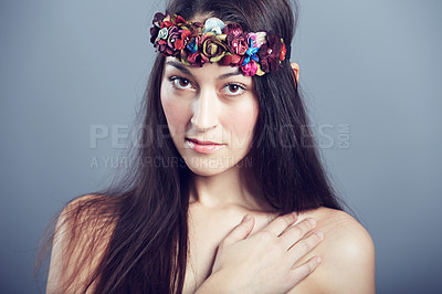 Buy stock photo Portrait of a beautiful naked brunette with flowers in her hair