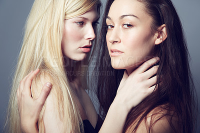Buy stock photo Face, beauty and portrait of women couple in studio for makeup, cosmetics and lgbtq lifestyle. Gay or lesbian model choke partner on a grey background for seduction, desire and natural glow on skin
