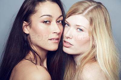 Buy stock photo Beauty, portrait and face of women couple in studio for makeup, cosmetics and lgbtq love. Seductive gay or lesbian people together on grey background for dermatology, skin care and natural hair color