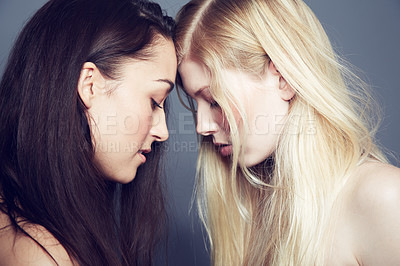 Buy stock photo Face, skin and beauty of women couple in studio for makeup, cosmetics and lgbtq love. Headshot of gay or lesbian people together on a grey background for hair color, skincare and natural glow