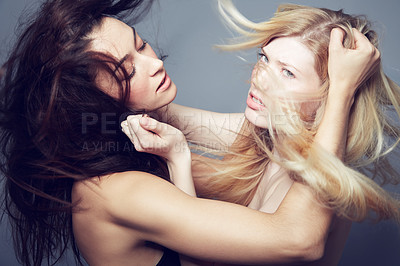 Buy stock photo A blonde and brunette female pulling each other's hair