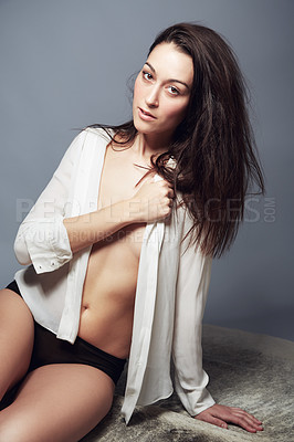Buy stock photo Portrait, underwear and woman in shirt for beauty in studio isolated on a gray background. Body, confidence and fashion of young female model in natural clothes or lingerie on a backdrop in Brazil