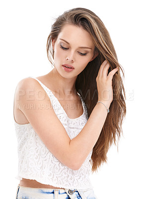 Buy stock photo Hair care, beauty and portrait of woman with hand in hair, natural salon hair style and white background. Health, wellness and luxury haircare with beautiful fashion model on studio background
