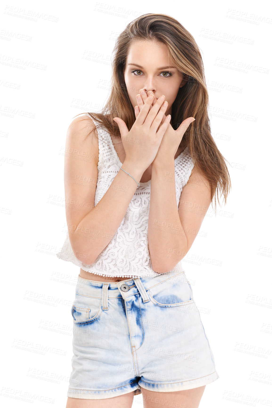 Buy stock photo Shocked woman, hands or fashion portrait on isolated white background in trendy clothes, style or cool clothing mockup. Surprised model, gossip or wow face on marketing mock up in gen z designer sale