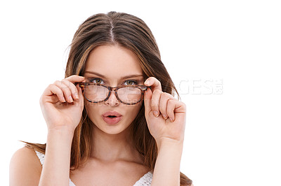 Buy stock photo Portrait, woman and glasses for clear vision, pouting and flirty female isolated on white studio background. Lips, girl and eyewear with confidence, happiness and beauty with mouth gesture and smile