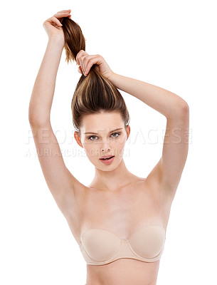 Buy stock photo Hair care, wellness and portrait of model in studio doing natural, long and straight hair style. Health, cosmetic and woman in bra with keratin, brazilian or botox hair treatment by white background.