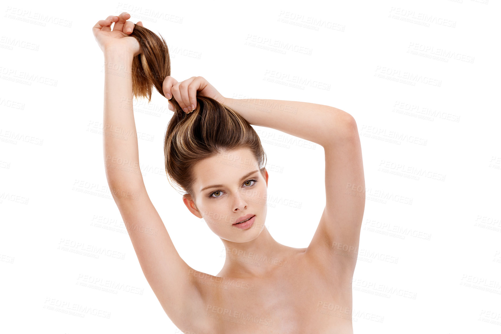 Buy stock photo Hair care, beauty and portrait of woman in studio doing natural, long and straight hair style. Wellness, self care and female model with keratin, brazilian or botox hair treatment by white background