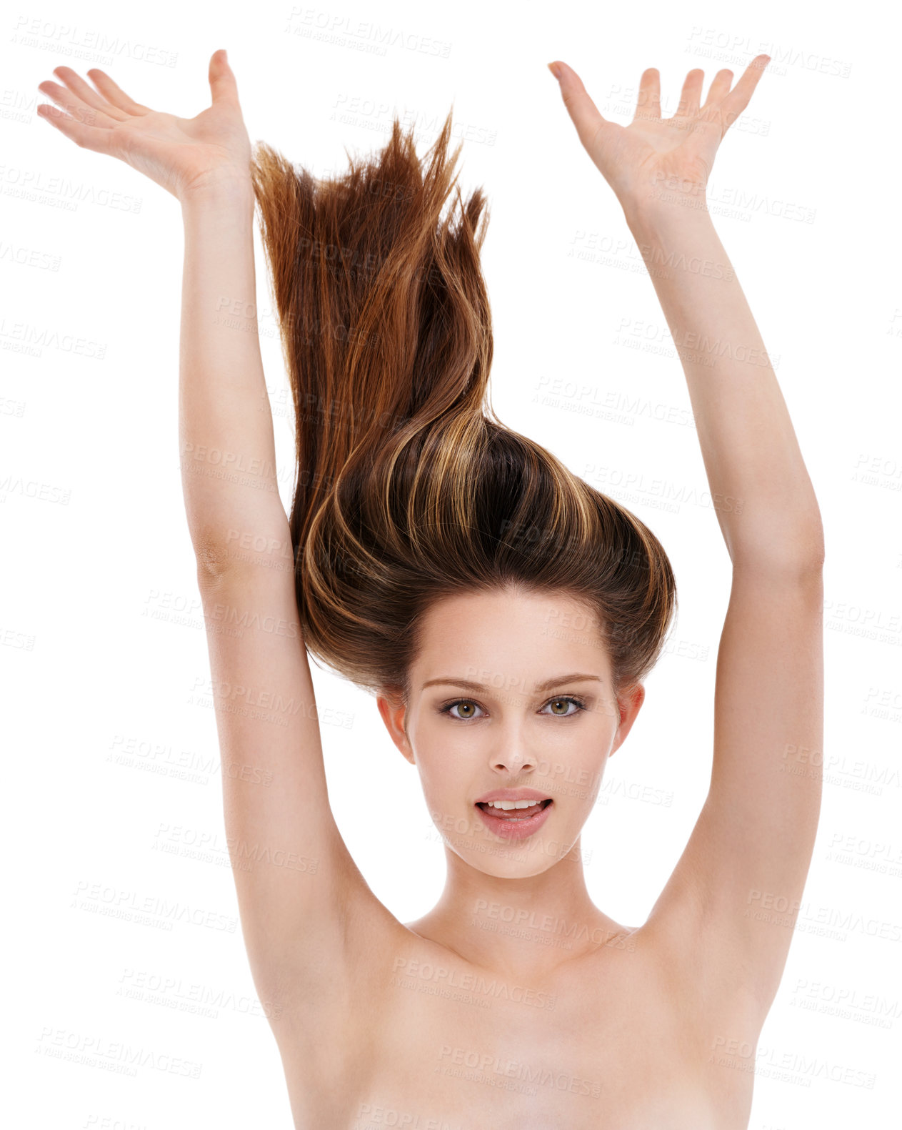 Buy stock photo Salon, hair in air and portrait of woman isolated on white background for wellness, hair care and treatment. Beauty, fashion and headshot pose of girl in studio for hair products, keratin and shampoo