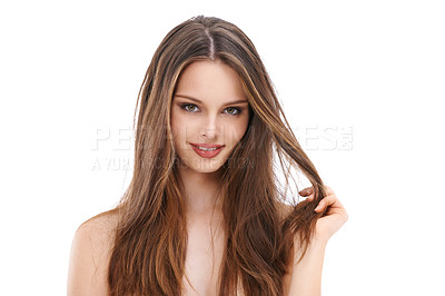 Buy stock photo Beauty, hair care and portrait of a woman with makeup, cosmetics and shampoo product results. Female model on white background for hairdresser and salon advertising for growth and shine in studio