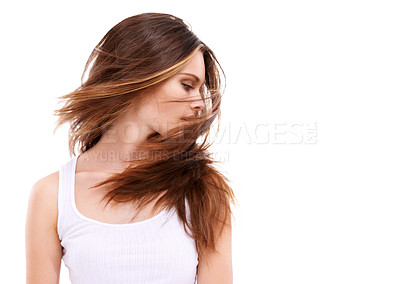 Buy stock photo Hair care, beauty and a woman with cosmetics, hairdresser and shampoo product results for shine and growth. Female model on white background for keratin treatment and salon advertising in studio