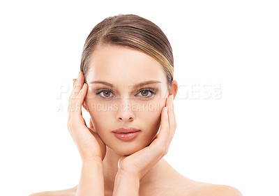 Buy stock photo Skincare, facial and portrait of woman in studio on white background for wellness, dermatology and healthy skin. Spa, aesthetic and girl with hands on face with cosmetics, makeup and beauty products