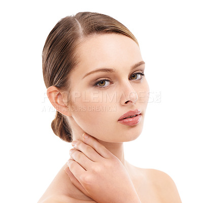 Buy stock photo Woman, portrait or beauty skincare with makeup cosmetics, dermatology self love or healthcare wellness routine. Zoom, model or face with facial glow, healthy collagen or hairstyle on white background